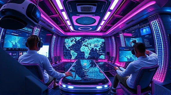 modern content creation, collaborative, using virtual reality tools, photorealistic, futuristic workspace with immersive tech gadgets, highly detailed, holograms and data projections, sleek metallic colors, neon lighting, shot with a fisheye lens.