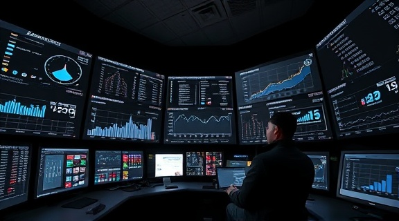 analytical marketing analytics, focused, assessing performance, photorealistic, control center-like room with screens filled with stats, highly detailed, ticker tapes with numbers, f/7.1 lens, monochrome color scheme, dim light, shot with a 24mm camera lens.