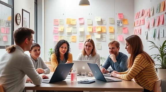 creative lead generation, inspired, brainstorming ideas, photorealistic, collaborative workspace filled with post-its and laptops, highly detailed, team members exchanging ideas, pastel colors, soft skylight glow, shot with a 28mm camera lens.