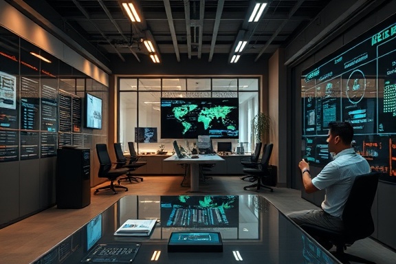 efficient lead conversion, determined, optimizing processes, photorealistic, sleek tech-savvy office environment, highly detailed, digital displays and holograms, muted earth tones, ambient lighting, shot with an 85mm camera lens.