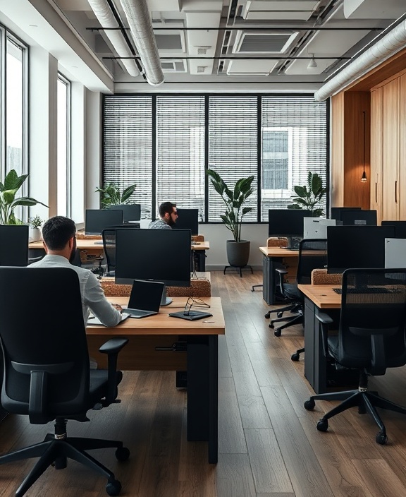 contemporary agency workspace, productive, individual workstations, photorealistic, minimalist interior with natural materials and textured accents, highly detailed, ergonomic chairs and laptop screens, high clarity, monochrome palette, cool ambient lighting, shot with a tilt-shift lens