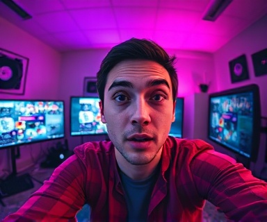 immersive video stream, engaged expression, talking to viewers, photorealistic, home studio setup with LED lights and multiple monitors, highly detailed, chat overlays and alerts popping, fisheye, electric colors, LED lighting, shot with a 16mm lens.