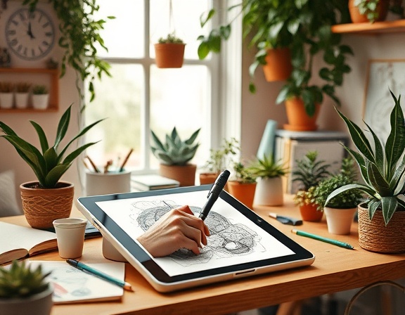 creative content design, inspired, sketching on a digital tablet, photorealistic, cozy home office with plants and art supplies, highly detailed, artwork filled with textures and patterns, soft pastel colors, warm ambient lighting, shot with a macro lens.