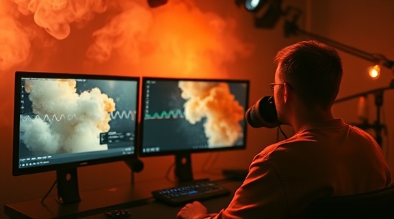 creative video editing, absorbed expression, applying special effects, photorealistic, high-tech studio with dual monitors and editing software on screen, highly detailed, smoke simulation and particle effects visible, zoom, deep colors, diffused lighting, shot with a 50mm lens.