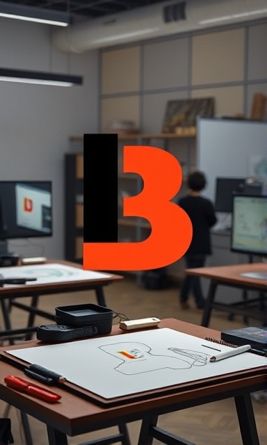 bold brand logo, creative expression, designing, photorealistic, professional studio with sketch pads and computers, highly detailed, artistic process, shot with a 70mm lens, colorful, ambient lighting