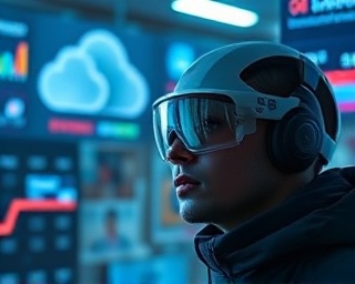 visionary marketing trends, observant, tracking customer behavior, photorealistic, cloud computing interface with AR visuals, highly detailed, real-time analytics, f/1.4 lens, cyberpunk palette, sharp edge lighting, shot with a 24mm camera lens.