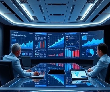 comprehensive digital media dashboard, analytical business expressions, reviewing performance metrics, photorealistic, futuristic boardroom with holographic displays, highly detailed, animated data streams and graphs, 4K clarity, neutral color palette, overhead LED lighting, shot with a wide lens