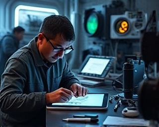 futuristic marketing innovation, inquisitive, sketching a concept, photorealistic, creative lab filled with gadgets, highly detailed, digital sketches on tablets, f/4.5 lens, neon highlights, soft glow lighting, shot with an 85mm camera lens.