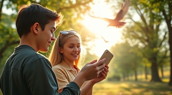 captivating media content on tablet, awe-inspired young expressions, exploring latest trends, photorealistic, serene park environment with sunlight filtering through trees, highly detailed, leaves swaying and birds flying, cinematic finish, vibrant greens, golden hour lighting, shot with a telephoto lens