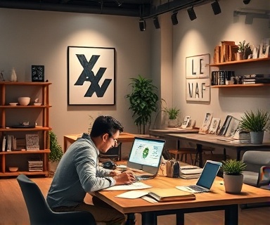 sophisticated brand design, thoughtful expression, developing, photorealistic, collaborative workspace with design tools, highly detailed, iterative design process, shot with a 24mm lens, harmonious, diffused lighting