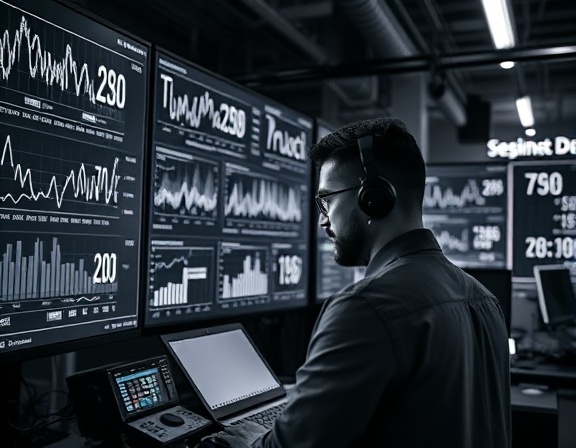 advanced reputation tracking dashboard, inquisitive, monitoring online metrics, photorealistic, bustling tech startup environment filled with digital devices, highly detailed, moving graphs and charts on screens, 4K resolution, monochrome with vibrant highlights, soft glowing lights, shot with a Sony FE 24-70mm f/2.8 GM lens.
