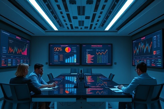 strategic content strategy, analytical, planning with data charts, photorealistic, high-tech meeting room with digital interfaces, highly detailed, interactive screens with financial graphs, cool tones, overhead LED lighting, shot with a 24mm lens.
