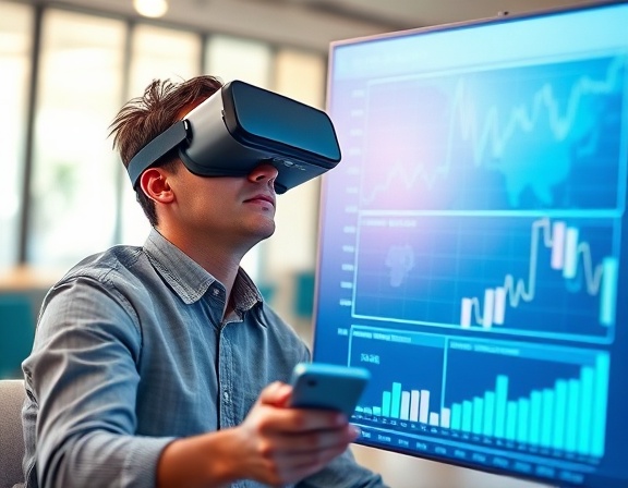 forward-looking marketing trends, curious, reviewing a digital chart, photorealistic, virtual meeting setting with VR headsets, highly detailed, interactive graphs, f/3.5 lens, pastel tones, ambient backlight, shot with a 50mm camera lens.