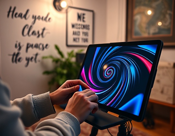 innovative media content creation, focused digital artist expressions, editing with tablet, photorealistic, cozy studio setting with inspirational quotes on walls, highly detailed, swirling digital effects and reflections on screen, ultra-sharp, vivid colors, directional spotlight, shot with a macro lens