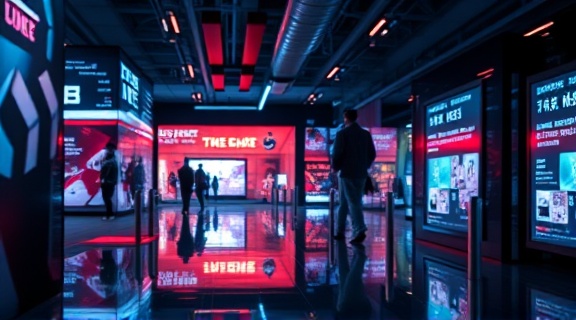 cutting-edge brand strategy, insightful expression, mapping, photorealistic, tech-savvy environment with interactive displays, highly detailed, innovative approach, shot with a 50mm lens, futuristic, LED lighting