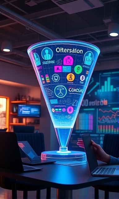 dynamic lead funnel, curious, building customer journey, photorealistic, digital workspace with virtual touch interfaces, highly detailed, data streams around the workspace, warm and cool color contrast, dramatic spotlighting, shot with a 35mm camera lens.