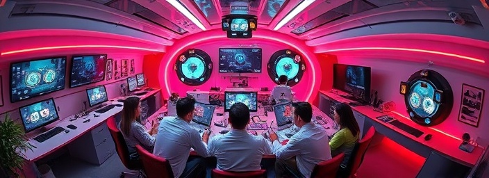 versatile agency office, engaging, team meeting in a circular formation, photorealistic, retro-futuristic design with vibrant color scheme, highly detailed, holographic displays and digital boards, crisp sharpness, mixed colors, balanced tungsten and neon lighting, shot with a fisheye lens