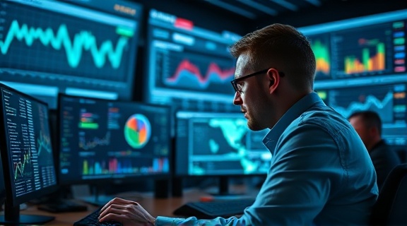 dynamic marketing analytics, focused, interpreting trends, photorealistic, high-tech workspace with ambient screens, highly detailed, live updates on dashboards, f/4 lens, cool tones, soft ambient light, shot with a 35mm camera lens.