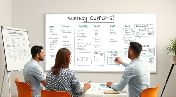 dynamic email marketing strategy session, engaging, brainstorming ideas, photorealistic, collaborative workspace with smartboards, highly detailed, real-time concept sketches, 5k resolution, neutral tones, soft lighting, shot with a wide-angle lens.
