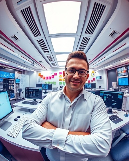 contemporary conversion design, confident expression, facilitating user interaction, photorealistic, high-tech digital workspace environment, highly detailed, interactive elements, user-centric design, pastel colors, bright overhead lighting, shot with a fisheye lens.