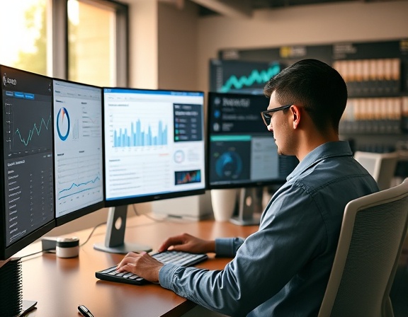 intuitive marketing analytics, precise, inputting metrics, photorealistic, ergonomic office setup with multiple monitors, highly detailed, scrolling data feeds, f/2 lens, earth tones, soft morning light, shot with a 35mm camera lens.
