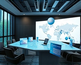 strategic marketing strategy, poised, mapping the market landscape, photorealistic, conference room with animated 3D maps, highly detailed, floating data points, f/5.6 lens, subdued colors, direct overhead lighting, shot with a 50mm camera lens.