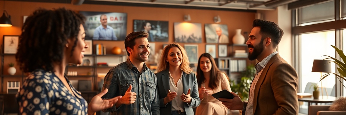 revolutionary marketing transformation, enthused, presenting new ideas, photorealistic, chic office lounge with creative displays, highly detailed, diverse team members interacting, f/2.8 lens, warm hues, soft spotlight, shot with a 50mm camera lens.
