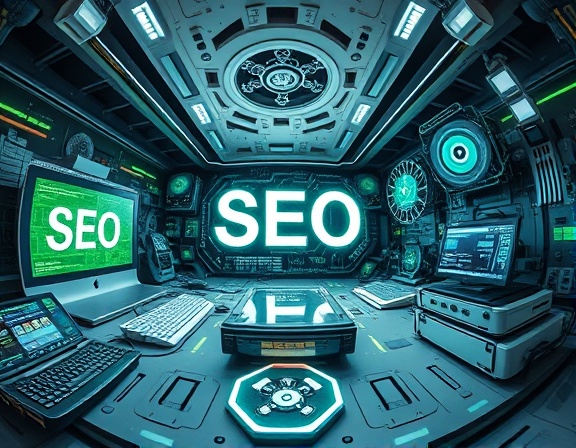 cutting-edge SEO tools, focused innovation, developing algorithms, photorealistic, a futuristic tech lab with holograms, highly detailed, spinning gears and digital interfaces, crisp edges, silver and green palette, directed LED lighting, shot with a fisheye lens.
