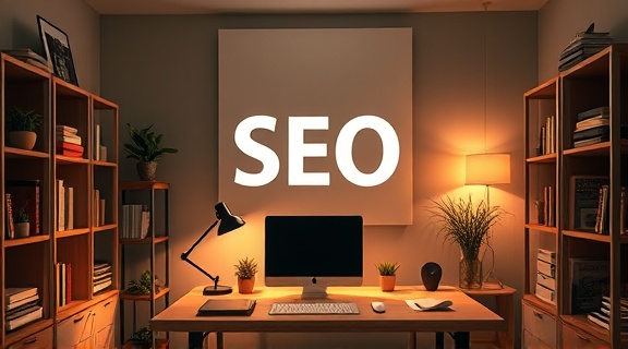 informative SEO tools, thorough understanding, enhancing visibility, photorealistic, within a cozy home office with wooden shelves, highly detailed, interactive UI elements, high contrast, warm hues, gentle lamp lighting, shot with an 85mm lens.