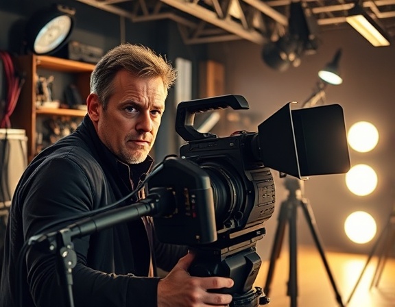 innovative video production, determined expression, setting up camera equipment, photorealistic, busy set with lighting rigs and actor preparations, highly detailed, cables and sound gear in motion, telephoto, rich contrast, studio lighting, shot with an 85mm lens.