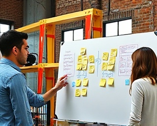 dynamic agency team, innovative, brainstorming ideas on a whiteboard, photorealistic, industrial-style room with brick walls and large windows, highly detailed, Post-it notes and markers visible, fine grain, vibrant primary colors, diffused daylight, shot with a 50mm lens