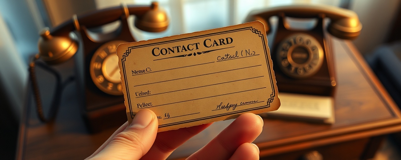 vintage contact card, nostalgic, being held by a hand, photorealistic, background with a wooden desk and a classic rotary phone, highly detailed, subtle paper texture, 85mm lens, sepia tone, warm evening light, shot with a macro lens.