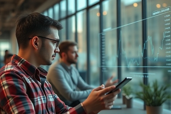 emerging SEO trends, inquisitive curiosity, studying patterns, photorealistic, urban co-working space with glass walls, highly detailed, scrolling trend lines, ultra realism, earthy tones, soft natural light, shot with a 35mm lens.